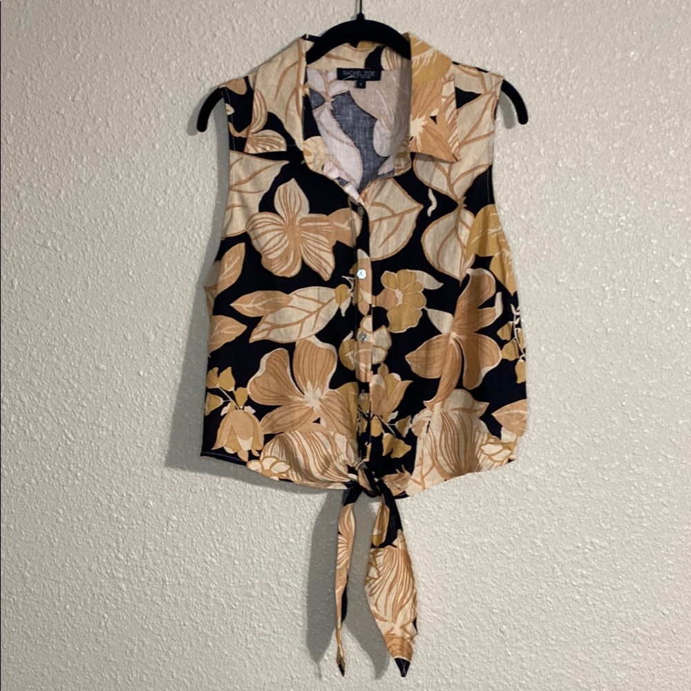 Rachel Zoe Beige and Black Floral Sleeveless Tie-Front Top NWOT Size L